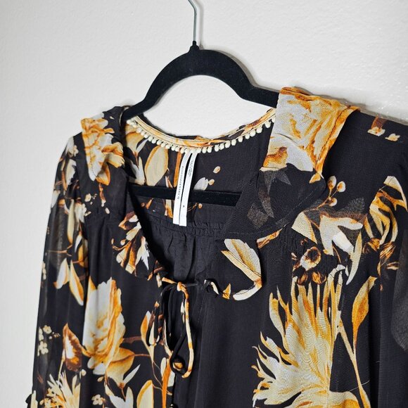 Anthropologie M Black Romantic Ruffled Peasant Blouse Boho Floral Career Office - Picture 4 of 7